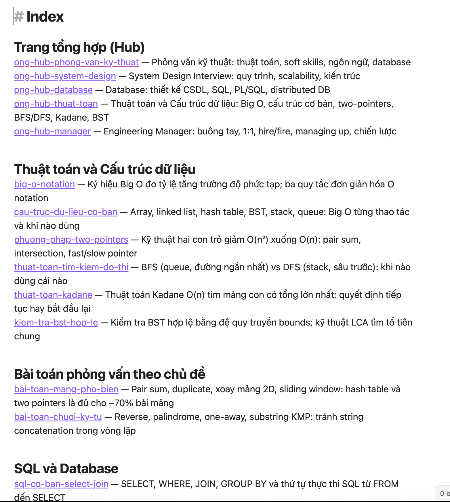 Preview mục lục Tech Interview (Dev)